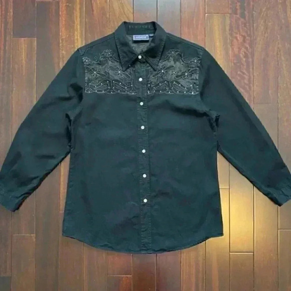 Lafei Nier Western Shirt Beaded Embroidered Button Up Long Sleeve Black Large - Picture 16 of 16